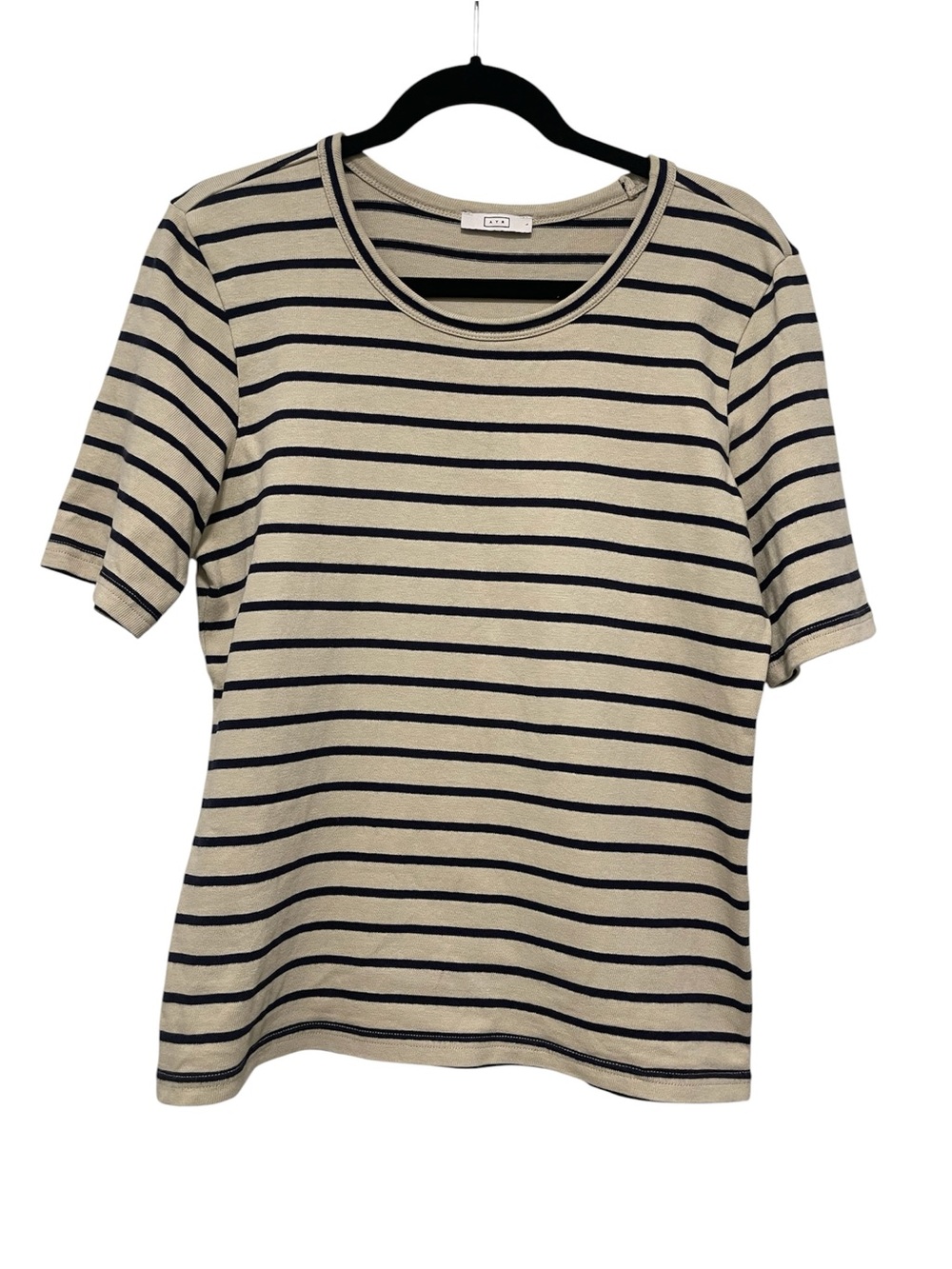 AYR Women’s Large Striped Cream Sandstone Navy Cotton Short Sleeve Blouse Top